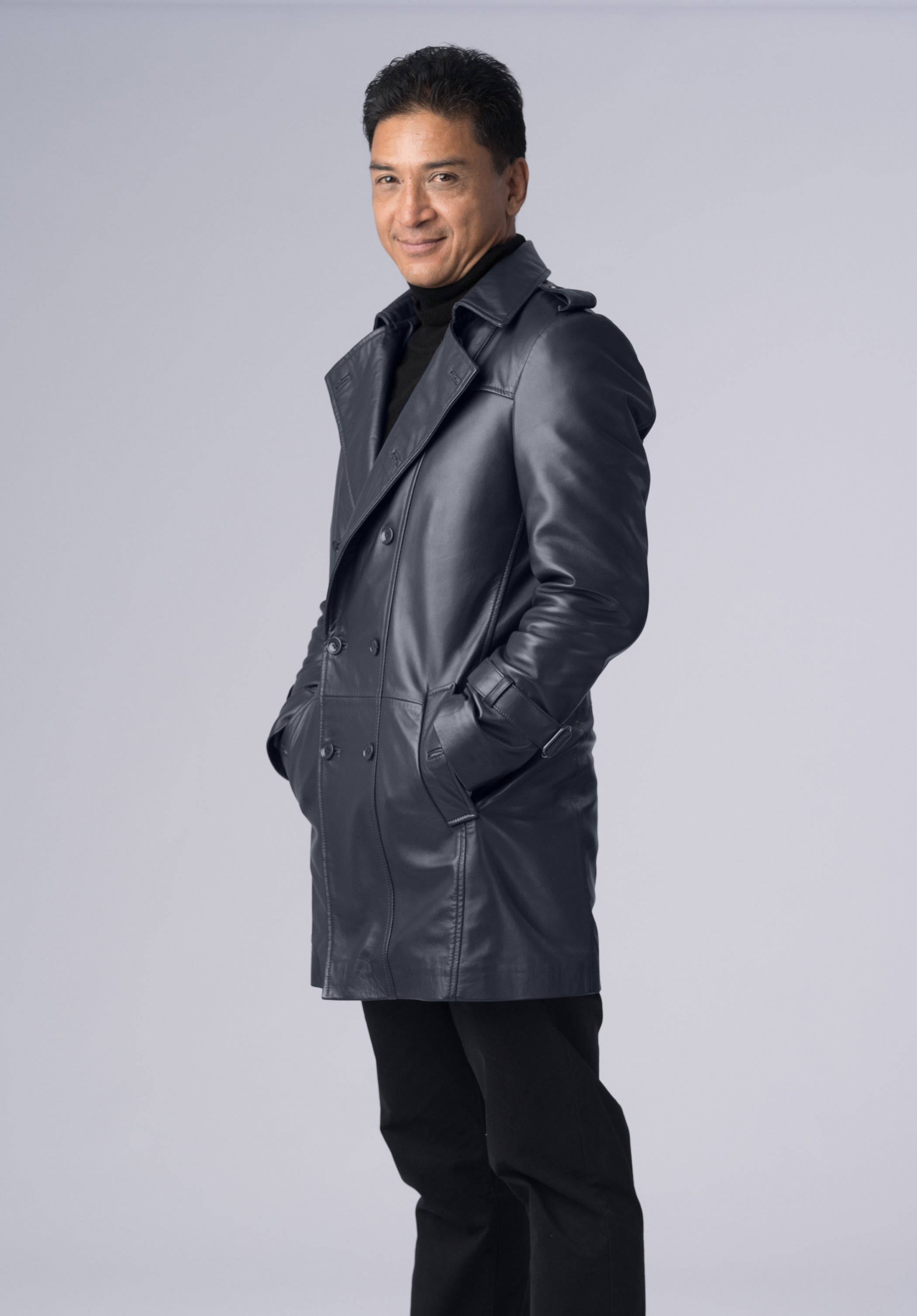 double breasted-leather long coat-men