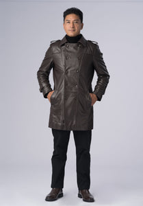 double breasted-leather long coat-men